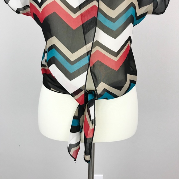 A'gaci Teal Zig Zag Chevron Chiffon Tie Back Top - Picture 13 of 14